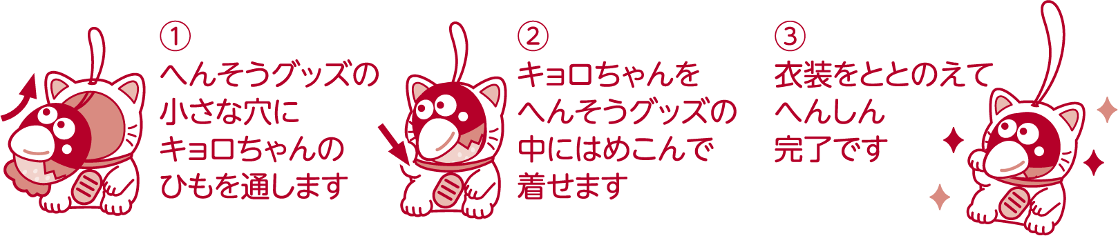 ①へんそうグッズの小さな穴にキョロちゃんのひもを通します②キョロちゃんをへんそうグッズの中にははめこんで着せます③衣装をととのえてへんしん完了です